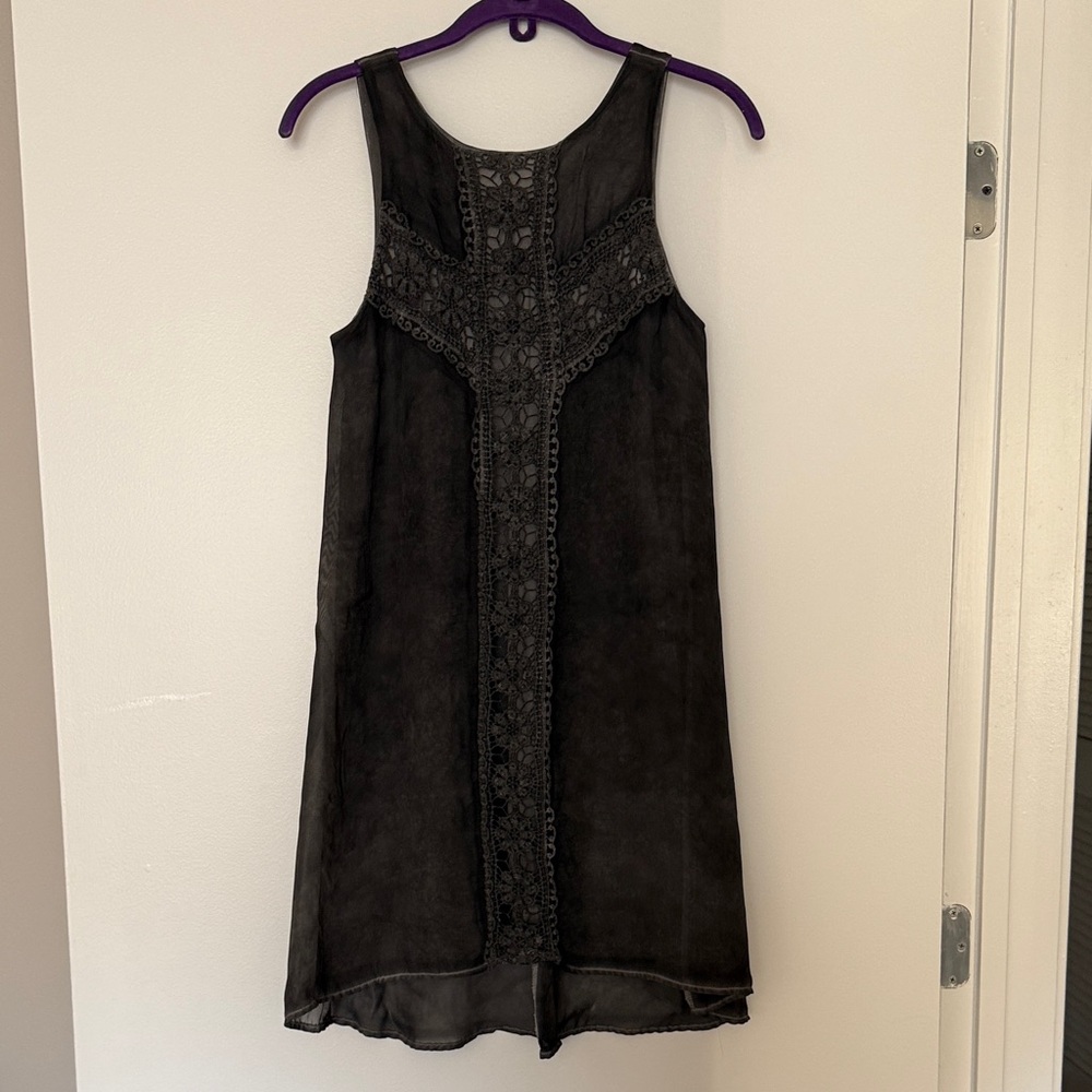 Altar’d State Gray Sleeveless Dress with Crochet Detail and Sheer Overlay